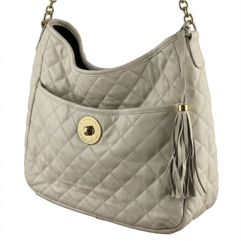Isaac Mizrahi Quilted Leather Shoulder Bag Tassel Gold Chain Straps Ivory Beige - Picture 4 of 13